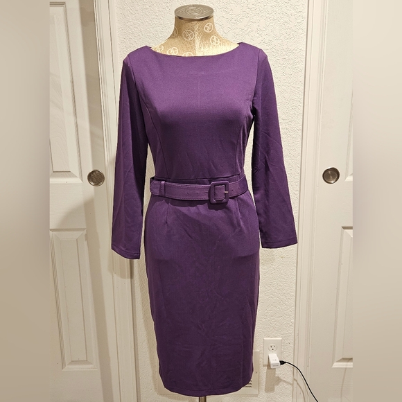 Beautiful Purple Long Sleeve Belted Dress Size Large - Picture 1 of 6